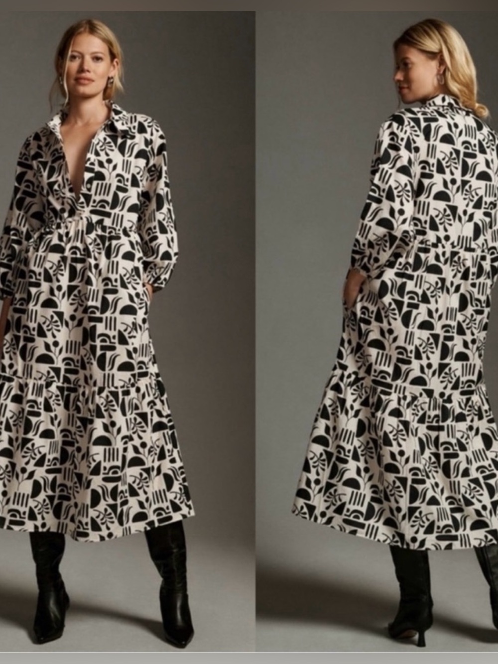 Anthropologie The Bettina Tiered Shirt Dress Large Black Motif